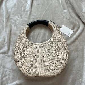 A New Day Woven Straw Moon Bag with Brown Handle